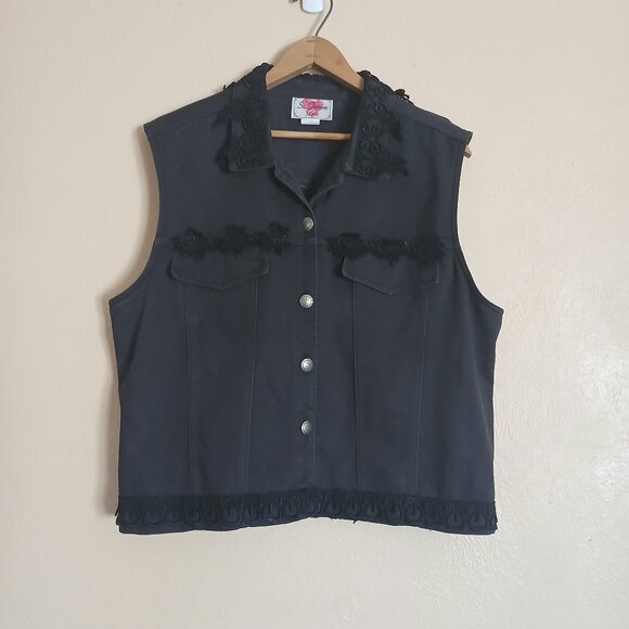 Vintage St Joanne Jeans Black Embroidered Denim Vest Women's XL - Picture 1 of 7